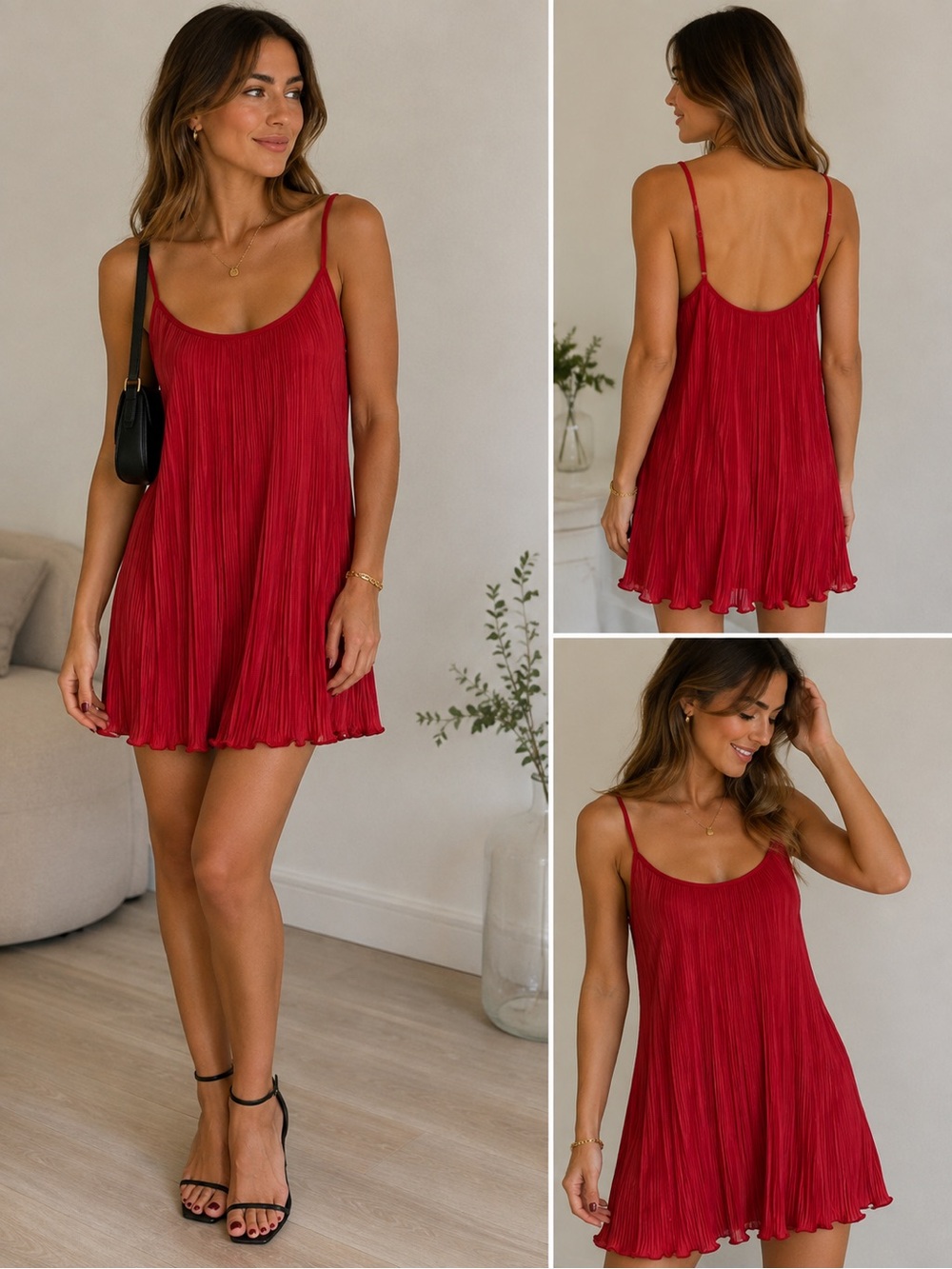 Abound Red Pleated Satin Mini Slip Dress Spaghetti Strap Y2K Size M